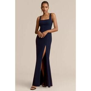 BHLDN Navy Blue Ashlynn Wedding Guest Side Slit Crepe Formal Maxi Gown Dress